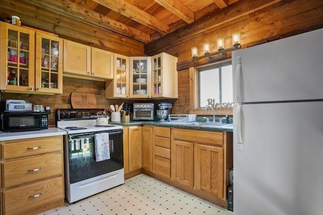 619 Main St, Hanover, MA 02339 - kitchen featuring white appliances, a sink, wood ceiling with exposed beams, light flooring, and wooden walls
