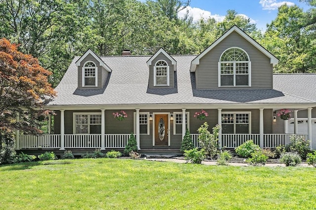 26 Sam Cobb Ln, Princeton, MA 01541 - view of front of home featuring a porch, a shingled roof, a front lawn, a chimney, and an attached garage