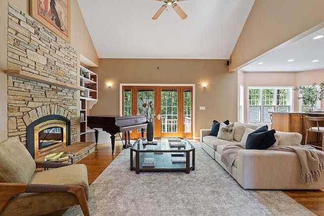 26 Sam Cobb Ln, Princeton, MA 01541 - living room featuring wood finished floors, a ceiling fan, french doors, high vaulted ceiling, and a fireplace