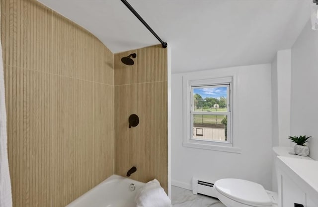 69 Notre Dame St, Springfield, MA 01104 - bathroom featuring baseboard heating, marble finish floors, toilet, shower / bath combination, and vanity
