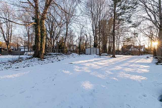 yard covered in snow with a storage unit