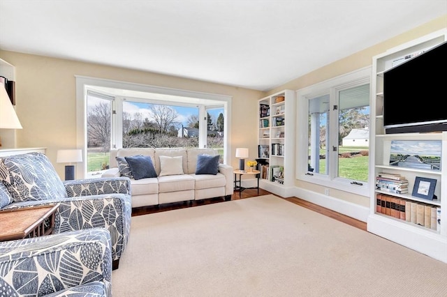 living area with baseboards and wood finished floors