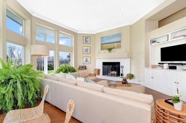 living area with crown molding, a fireplace with raised hearth, recessed lighting, and wood finished floors