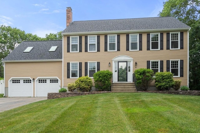 6 Magnolia Cir, Norfolk, MA 02056 - colonial-style house featuring a chimney, a front yard, concrete driveway, and entry steps