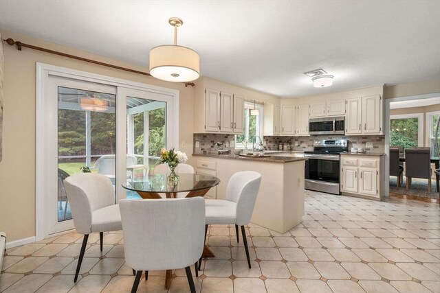 6 Magnolia Cir, Norfolk, MA 02056 - kitchen featuring stainless steel appliances, tasteful backsplash, a peninsula, and pendant lighting