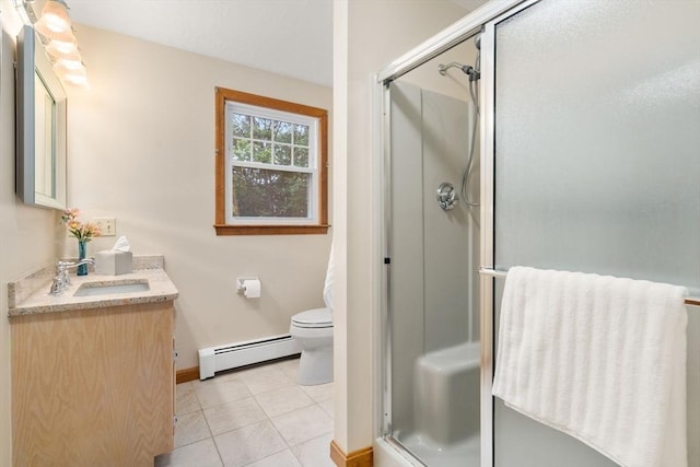 6 Magnolia Cir, Norfolk, MA 02056 - full bath featuring a baseboard heating unit, vanity, a shower stall, and tile patterned flooring