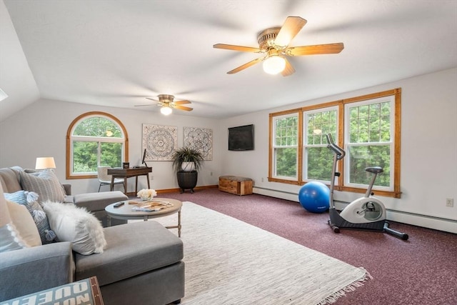 6 Magnolia Cir, Norfolk, MA 02056 - carpeted living room featuring a ceiling fan, a baseboard radiator, and lofted ceiling