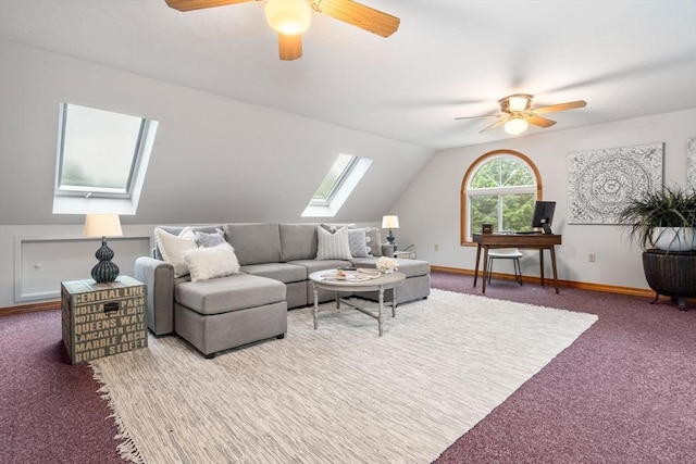 6 Magnolia Cir, Norfolk, MA 02056 - carpeted living area featuring a skylight, ceiling fan, and vaulted ceiling