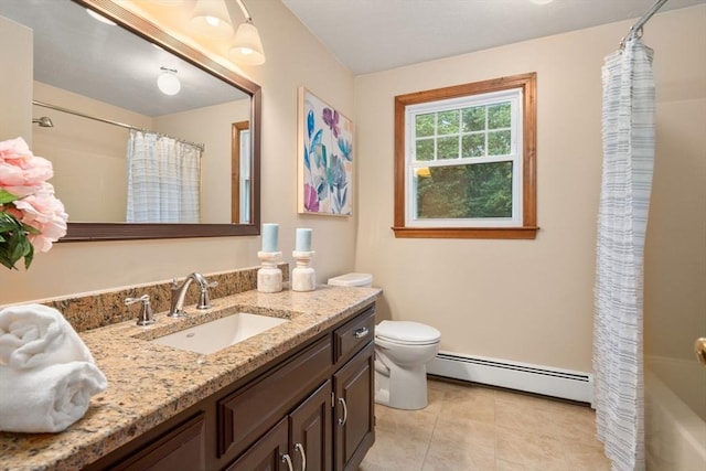 6 Magnolia Cir, Norfolk, MA 02056 - full bathroom with baseboard heating, vanity, curtained shower, and tile patterned flooring