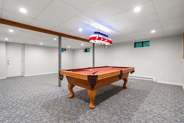 6 Magnolia Cir, Norfolk, MA 02056 - playroom with a baseboard heating unit, carpet floors, recessed lighting, billiards table, and a paneled ceiling