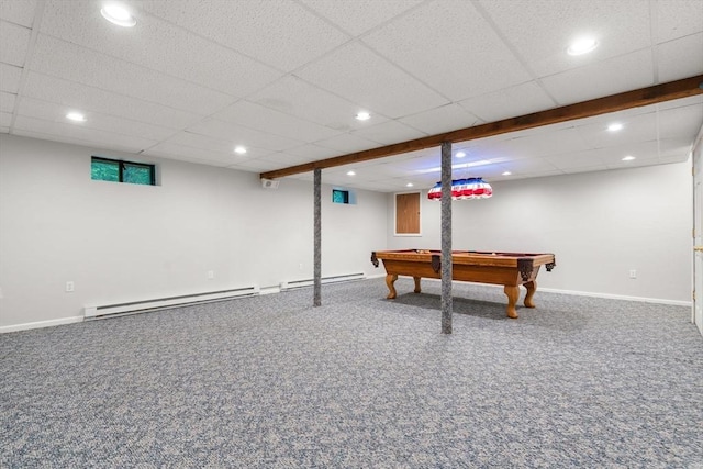 6 Magnolia Cir, Norfolk, MA 02056 - playroom with carpet flooring, recessed lighting, pool table, and a paneled ceiling