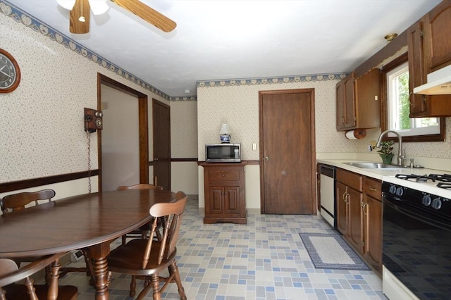 kitchen with sink, dishwasher, ceiling fan, and white gas range oven