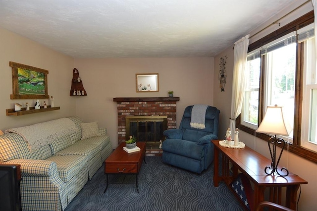 carpeted living room featuring a fireplace