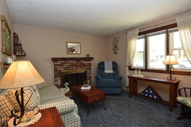 living room featuring carpet floors and a brick fireplace