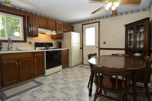 kitchen with ceiling fan, sink, and white appliances