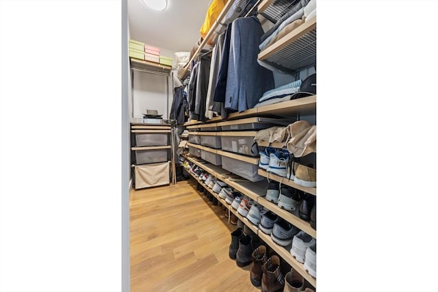 walk in closet with wood finished floors