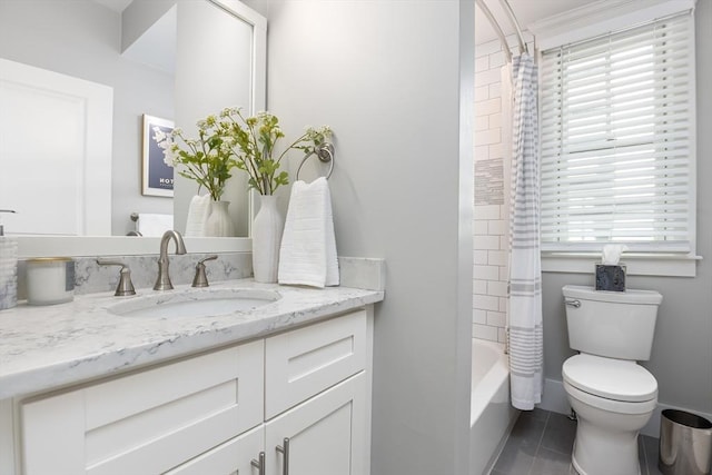 full bathroom featuring toilet, vanity, tile patterned flooring, and shower / bath combo