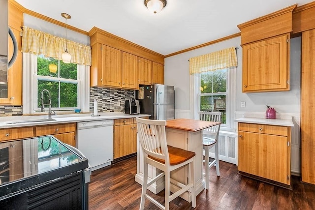 kitchen featuring freestanding refrigerator, black electric range, white dishwasher, ornamental molding, and light countertops