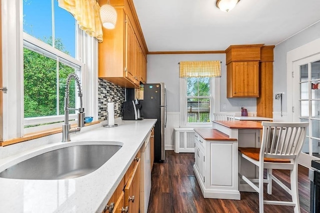 kitchen featuring a sink, dark wood-style flooring, a wainscoted wall, crown molding, and decorative backsplash