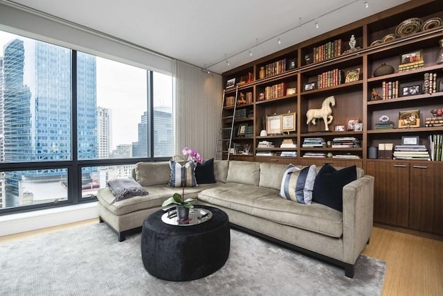 sitting room with a view of city, built in features, and light wood-style floors