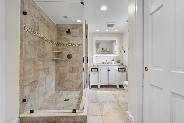 full bathroom with vanity, toilet, recessed lighting, a shower stall, and visible vents