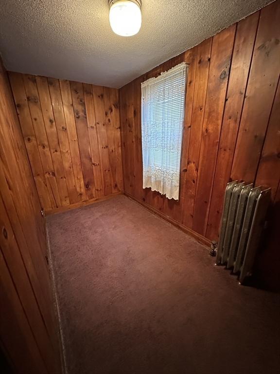 50 Keene St, Lowell, MA 01852 - carpeted spare room featuring radiator, wood walls, and a textured ceiling