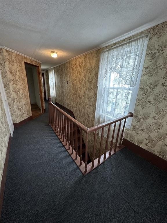 50 Keene St, Lowell, MA 01852 - hall featuring wallpapered walls, a textured ceiling, an upstairs landing, and carpet flooring