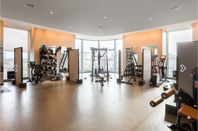 exercise room with floor to ceiling windows and a wealth of natural light