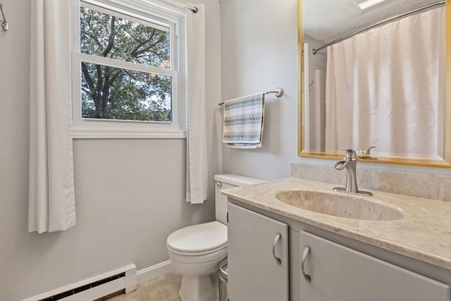 bathroom with baseboards, toilet, tile patterned floors, vanity, and a baseboard heating unit