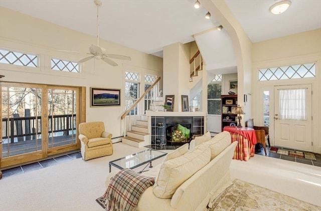 living room with carpet flooring, ceiling fan, and a wood stove