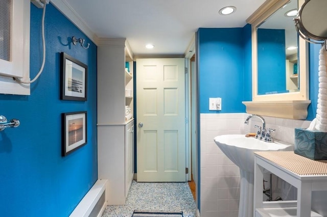8 Franklin St Unit 18, Marblehead, MA 01945 - bathroom with recessed lighting, ornamental molding, and tile walls