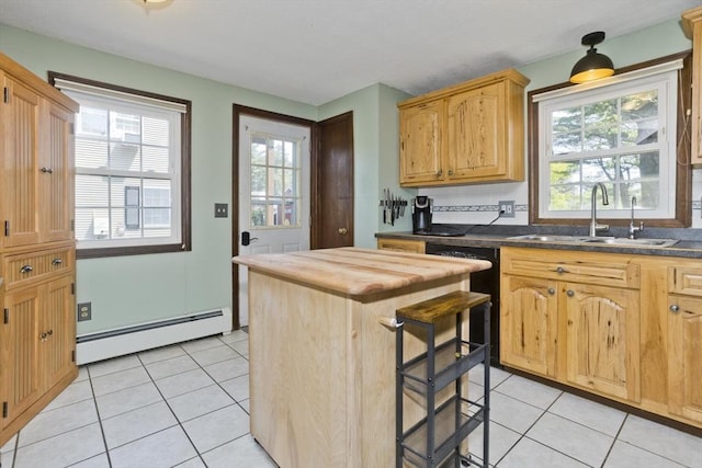 8 Field St, Southwick, MA 01077 - kitchen featuring baseboard heating, a sink, black dishwasher, wood counters, and light tile patterned floors
