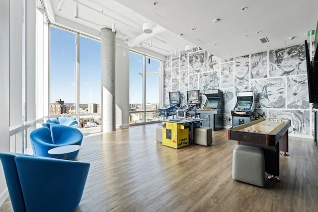 playroom featuring hardwood / wood-style floors and a wall of windows