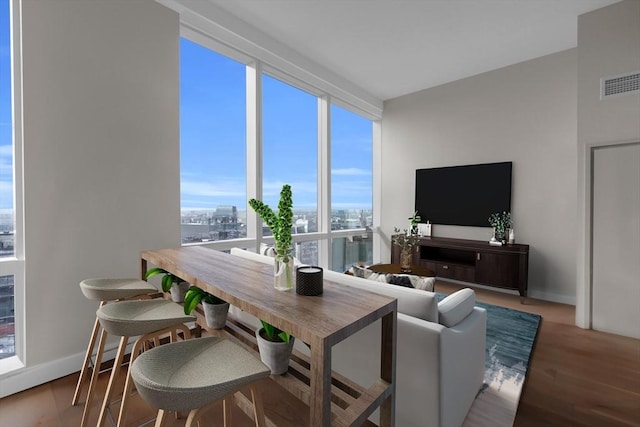 living room with floor to ceiling windows and light hardwood / wood-style flooring