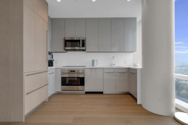 kitchen with gray cabinetry, sink, appliances with stainless steel finishes, and light hardwood / wood-style flooring