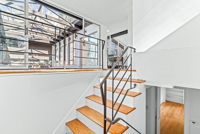 staircase featuring wood-type flooring