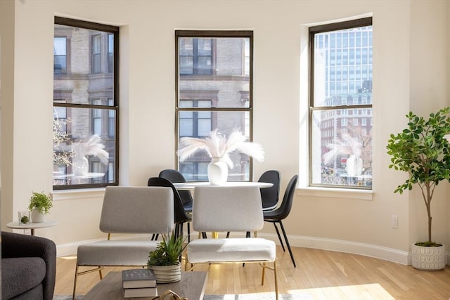 dining space with baseboards and wood finished floors