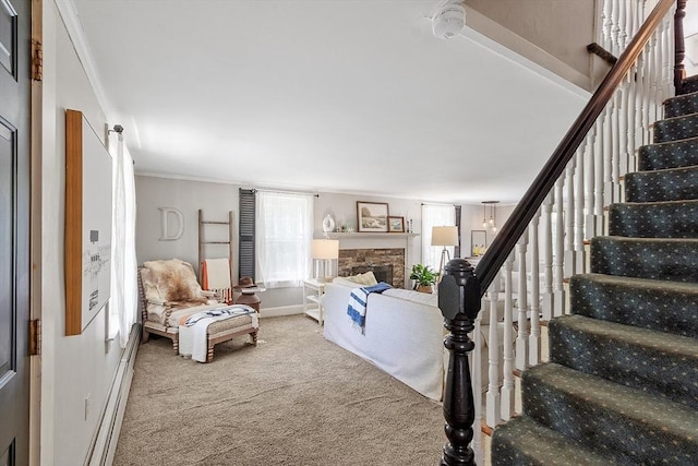 24 Summit Ave, Chelmsford, MA 01824 - carpeted living room with stairway, crown molding, and a stone fireplace