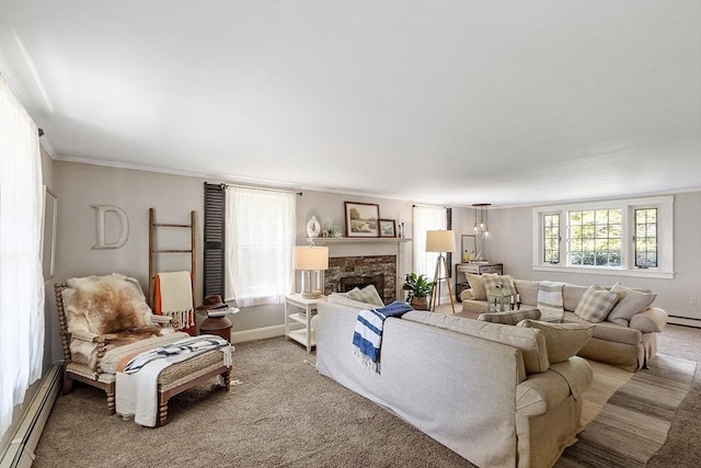 24 Summit Ave, Chelmsford, MA 01824 - living room featuring baseboard heating, light carpet, a fireplace, ornamental molding, and baseboards