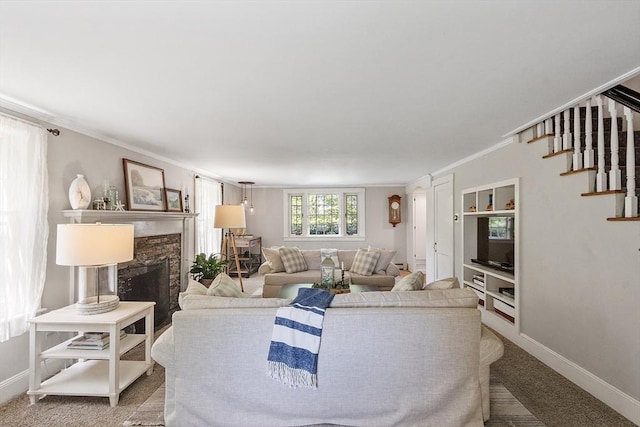24 Summit Ave, Chelmsford, MA 01824 - living room with stairway, a high end fireplace, baseboards, light carpet, and ornamental molding