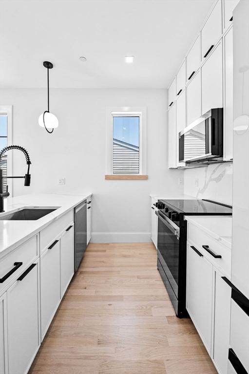 kitchen featuring light wood-style floors, plenty of natural light, stainless steel appliances, and a sink