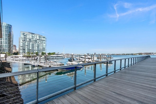 view of dock with a water view