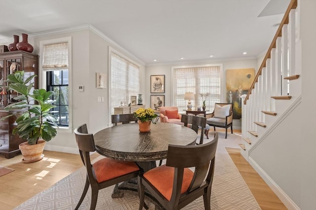 350 Bradford St Unit 7, Provincetown, MA 02657 - dining area with light wood-type flooring, stairway, ornamental molding, and recessed lighting