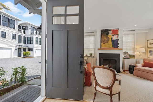 350 Bradford St Unit 7, Provincetown, MA 02657 - foyer entrance with a fireplace with flush hearth and recessed lighting