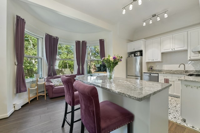 kitchen featuring white cabinets, stainless steel appliances, plenty of natural light, and dark hardwood / wood-style floors