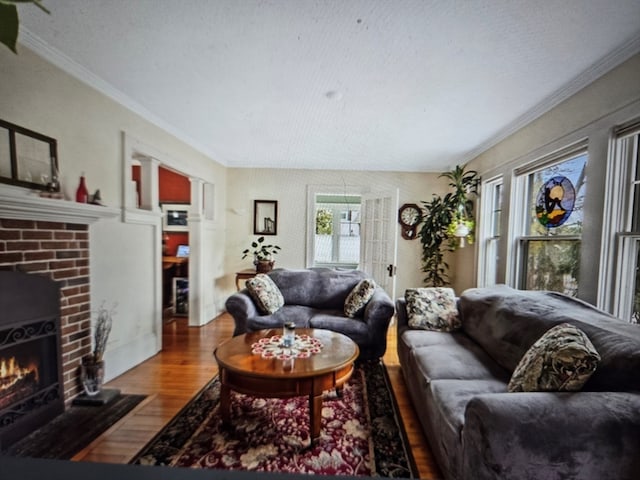 living room featuring a textured ceiling, ornamental molding, hardwood / wood-style floors, and a fireplace