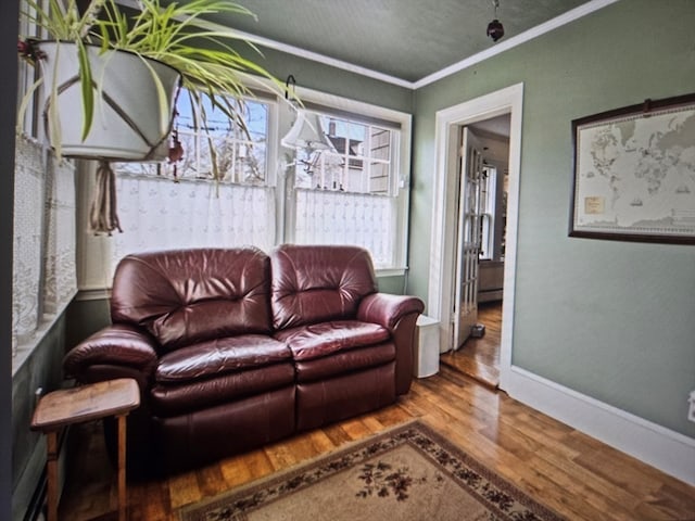 living room with hardwood / wood-style floors and crown molding