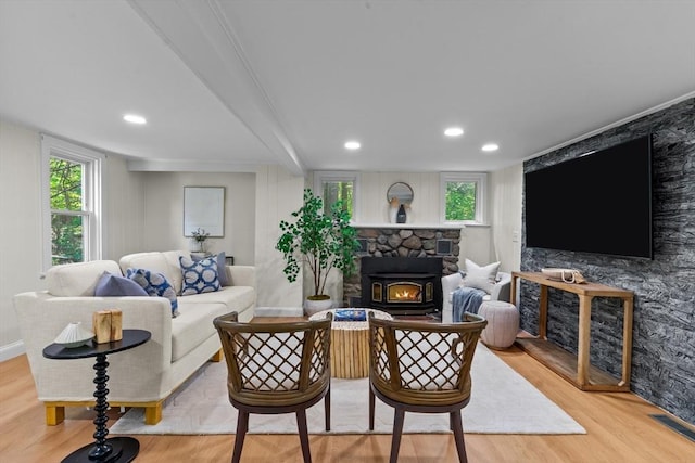31 Brookside Dr, North Smithfield, RI 02896 - living area featuring wood finished floors, a stone fireplace, and recessed lighting