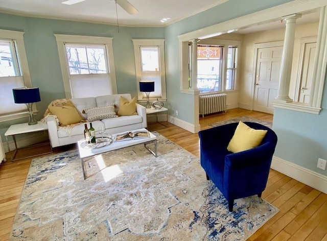 living area featuring decorative columns, a healthy amount of sunlight, wood finished floors, and radiator heating unit