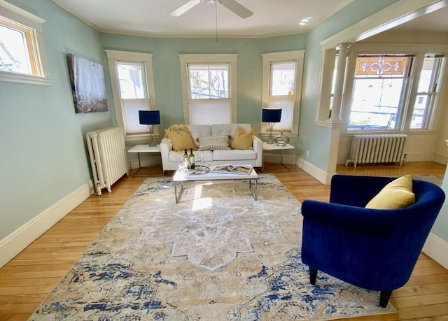 living area featuring decorative columns, baseboards, wood finished floors, and radiator heating unit